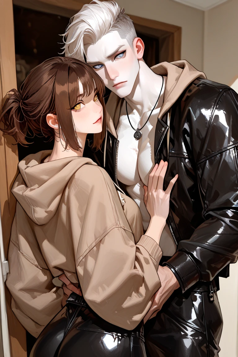 couple, 1 girl、female vampire,female black feathers&#39;Came back,,1 boy,I was bitten on the neck and my hair changed color., short brown hair and gray eyes, , Hug me from behind, hoodie,background room
