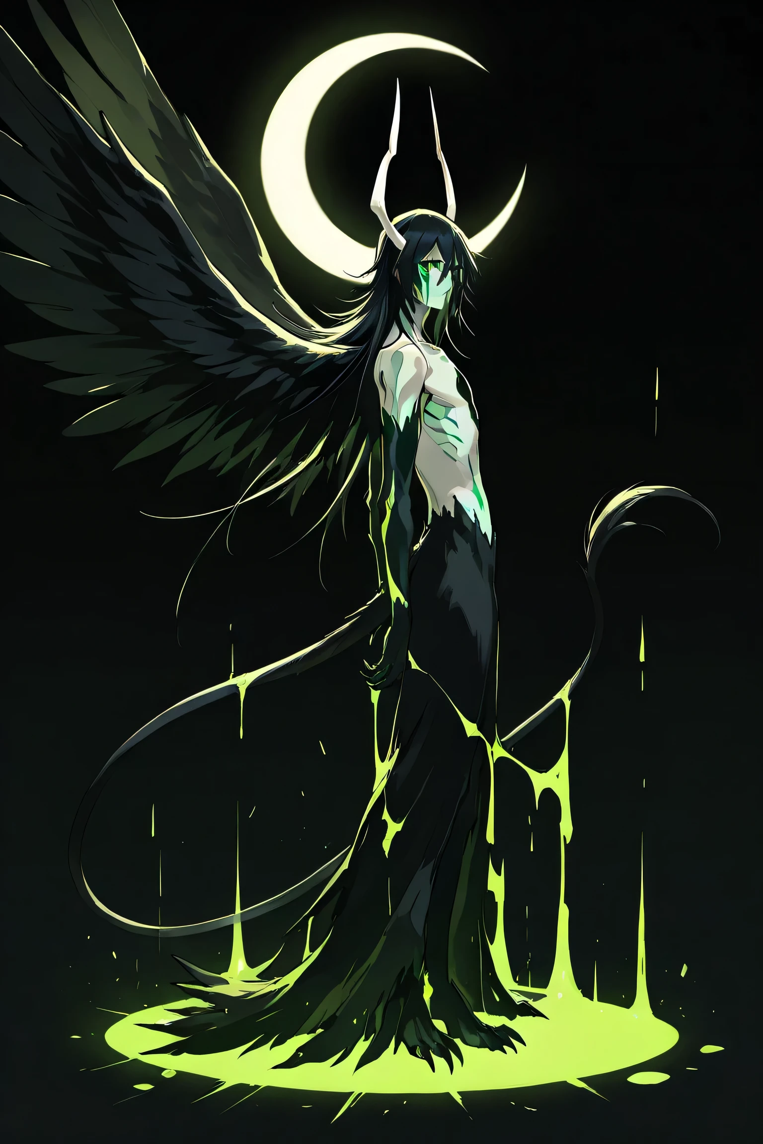 1man, ulquiorra, opened wings, tail around character's body, looking at viewer, character above viewer, black background, crescent white moon behind character, green static, side view, full body, (detailed face: 1.4), (detailed eyes: 1.4), (masterpiece, best quality), amazing quality, very aesthetic, absurdres, highres, newest, HDR, 8K, high detail, detailed background,