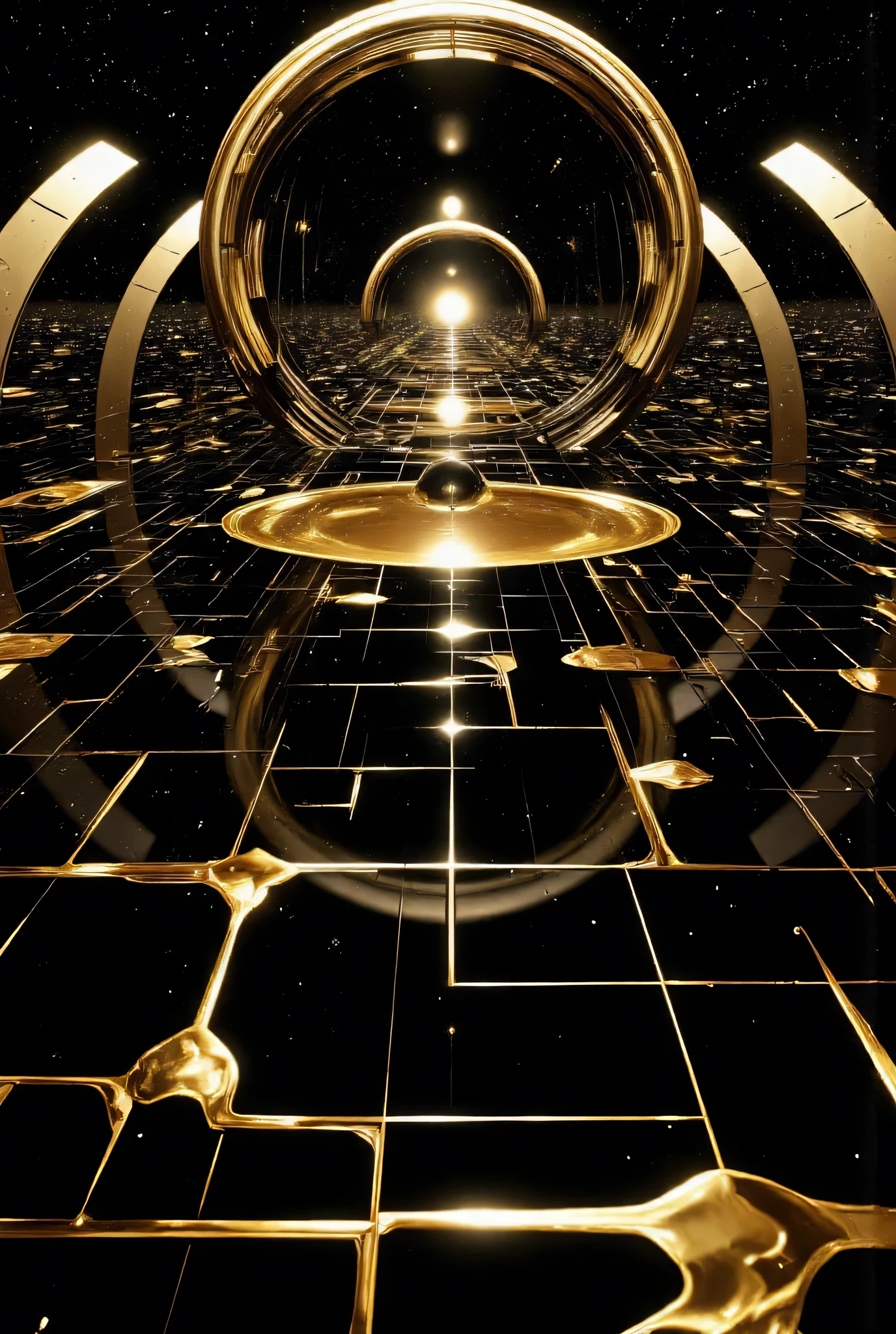 masterpiece, High Definition, Illustration, anime style, black and gold digital landscape, simple, digital infinity, futuristic, future, digital, empty