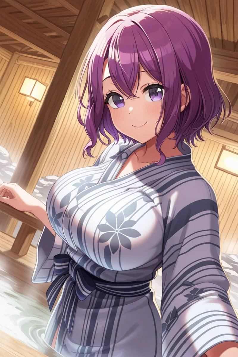 (best quality), (masterpiece), serene_hozumi, light purple yukata, garden, night, smiling, cityscape, <lora:serene_hozumi:1>