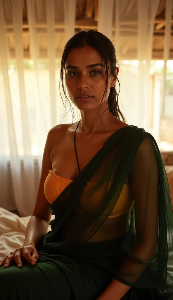 Indian beautiful girl wearing yellow color wet saree with bid booms and slim figure with river and forest background.