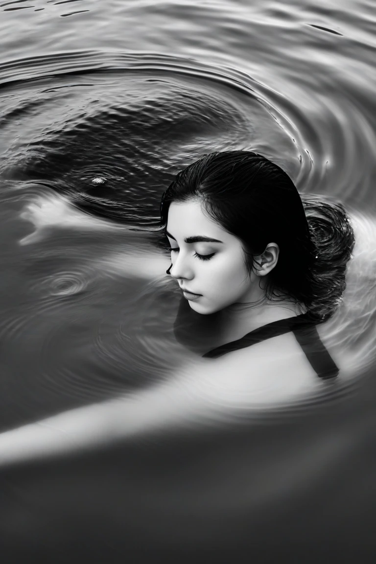 black and white closeup photo RAW, an ethereal scene with a 28 yr old woman in white dress submerged in water, surrounded by floating flowers, blurring the lines between reality and fantasy. closed eyes