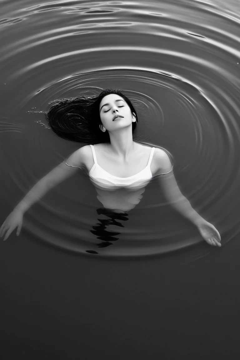 black and white closeup photo RAW, an ethereal scene with a 28 yr old woman in white dress submerged in water, surrounded by floating flowers, blurring the lines between reality and fantasy. closed eyes
