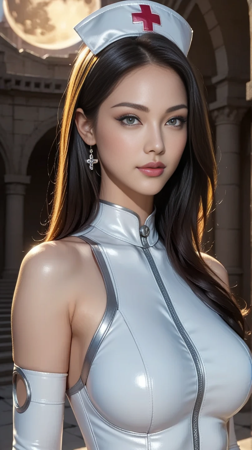 8K, Top Quality, Intricate Details, Ultra Detail, Ultra High Resolution, Masterpiece, close up shot, (full body: 1.1), Slender, Smile, (Makeup: 0.4), (Fluffy Blue Eyes: 1.21), (()), 1girl, solo, 1 girl, ((black hair, long hair)), close up shot, , ((tall)), (((fit body))), (((slim face))), sharp face, (( blue hair ))  (detailed face), sharp face, small lips, standing, , 
 (( long coat, )), sleeveless,   detailed face, detailed breast, , large breast, huge breast, detail ass, Narrow Waist, Skinny, , Muscular, Navel, Exposed Abdomen, Pointed Chest,, Beautiful girl with accentuated slender abs: 1.4, Six Pack Abs: 1.4, Bust Botox, Big, Perfect Body, detail leg, (( dark background)), black background,