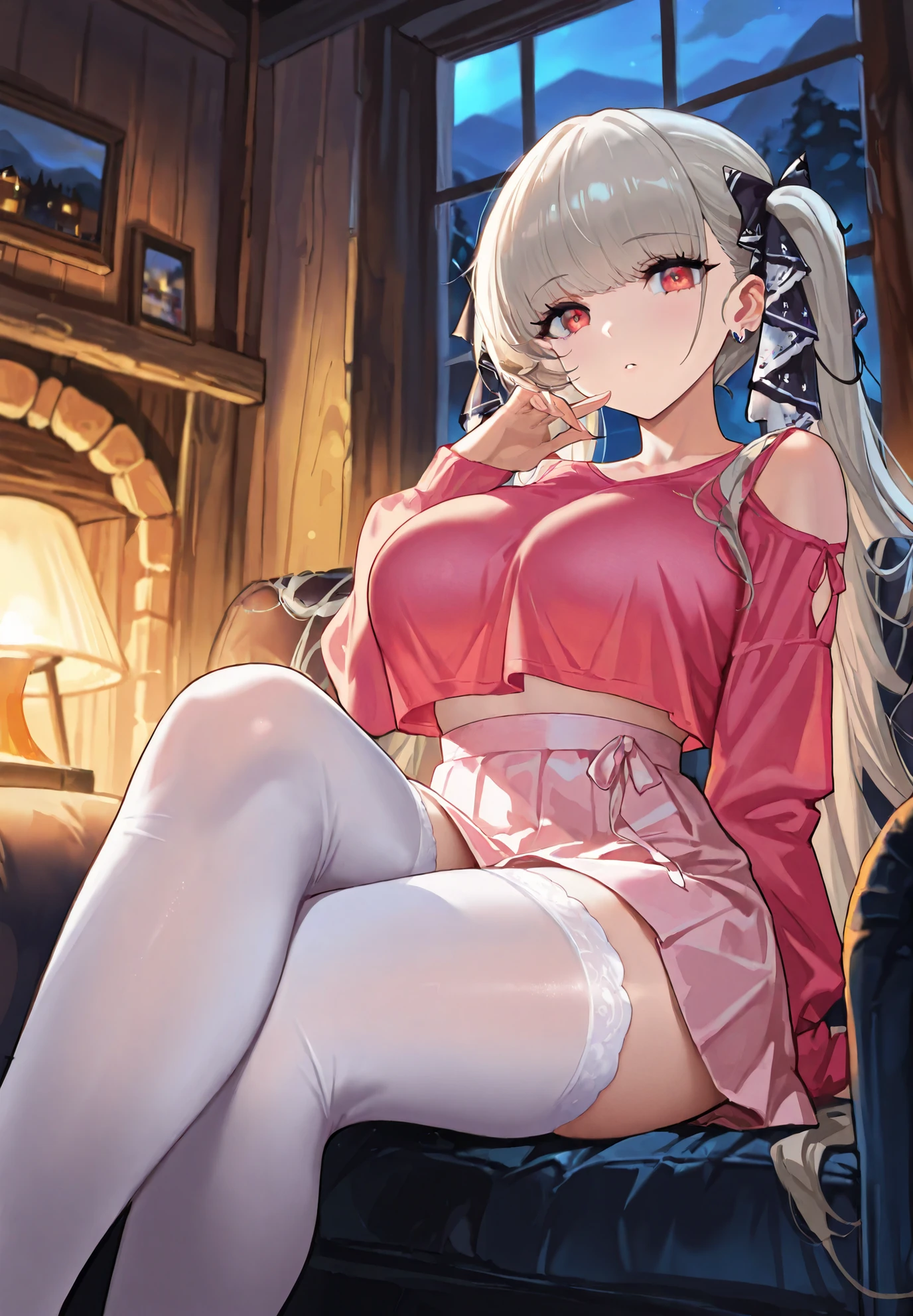 (Highly detailed), Best Quality, masutepiece, Best Quality, hight resolution, Bjorf, (Jolfager lifting her skirt and sitting: 2), (leg spreading: 1.3), short hair with long locks, white hairband, Red Eyes, Gold Earrings, Large breasts, Jewelry, off shoulders, (Red Sweater: 1.5), (Red Sweater Dress: 1.5), Long sleeves, Black stockings, Full body, (up skirt: 2), (White panties: 3), (Visible panties: 2), (Full body: 1.3), (Colossal tits: 1.5), (lift up her skirt: 2), (Full body: 1.3), Realistic