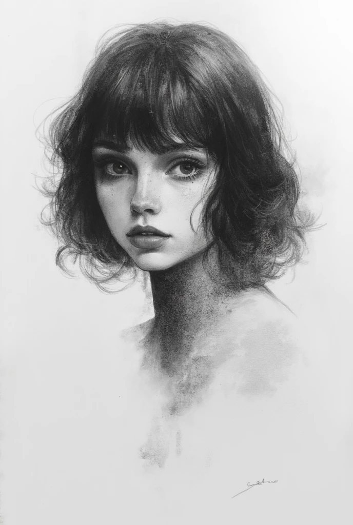 1girl, solo, monochrome, greyscale, short black hair, portrait, T-shirt, closed mouth, looking at viewer, sketch, graphite \(medium\), small lips, hatching \(texture\), without makeup, bangs, upper body, (best illustration), (best quality), (very detailed), (masterpiece),