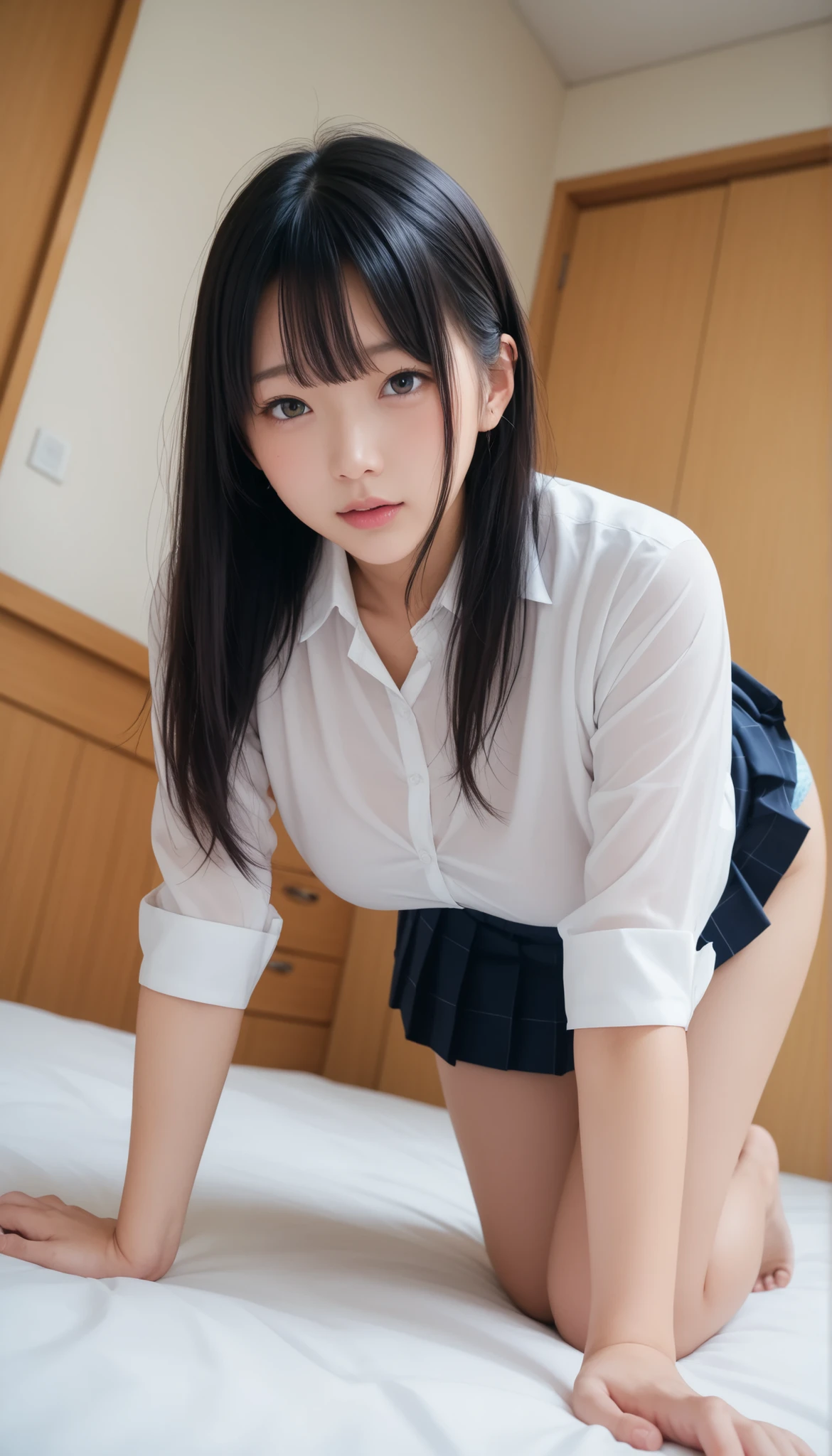 ((highest quality, masterpiece :1.3)), Photorealistic、Ultra-high resolution、Natural skin texture、Hyperrealism、Photograph from the knee up、13 year old beautiful Japanese girl、Twin tails、Large breasts、White collared shirt and tie、Ultra mini skirt、Angry expression、Lying in bed