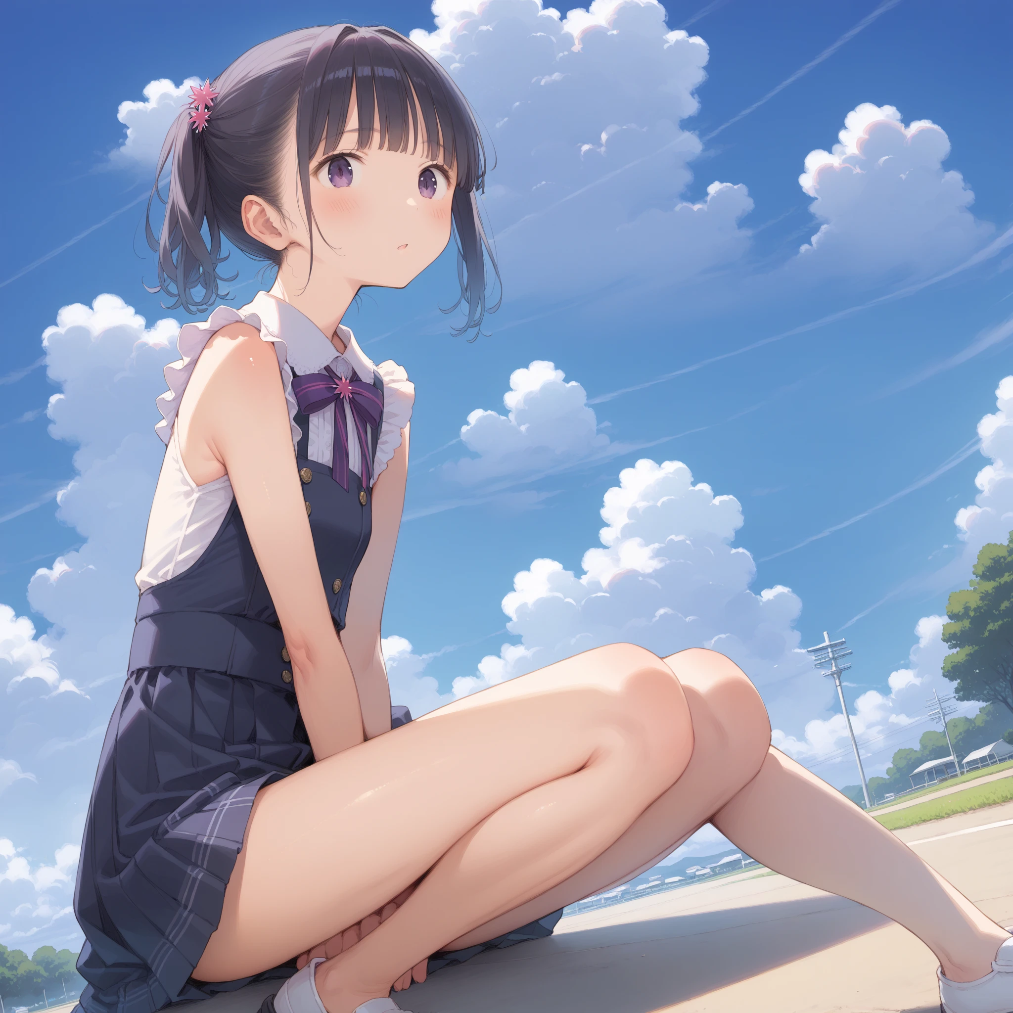 masterpiece, extra limbs, 1girl,8years old, black straight hair, tareme brown eyes, (((delighted))), white sundress,spread arms,standing, playground equipment,high angle