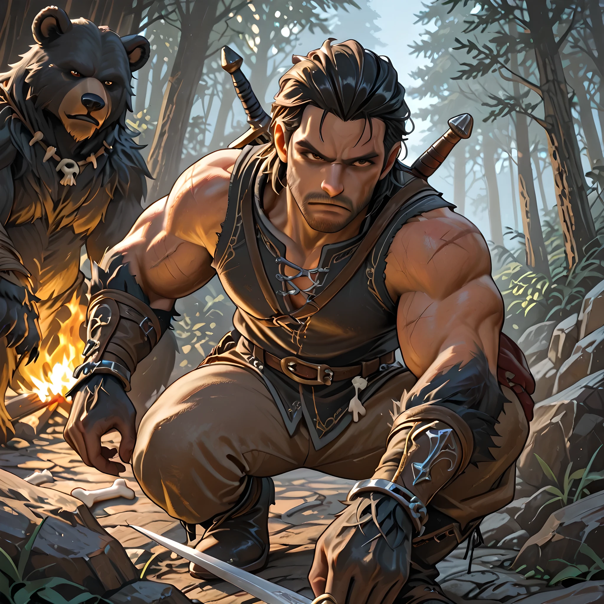 ((Lord of the Rings style art)) | {adventurous man}:((Black hair, brown eyes, fair skin, cut scar on the left side of the face, mature man of thirty-five, athletic body, unshaven, developed muscles, dusty black shirt tight on the body, long brown pants, black leather boots, bone chain, man suffering from war, robust body, defined chest, strong arms, man with its scars, silver bracelets, knight's sword attached to the scabbard on the back, brown leather belt, hair slicked back and messy, panting, serious look)), ((man attacking bear with his sword, facing dark fur bear, battle in the middle of night forest, light only from nearby bonfire, man in battle pose and holding his sword tightly)) | ((rear angle, better image quality, richly detailed scenery, realistic art, better eye quality, better shading, better sharpness, richly detailed facial details, medieval fantasy style art))