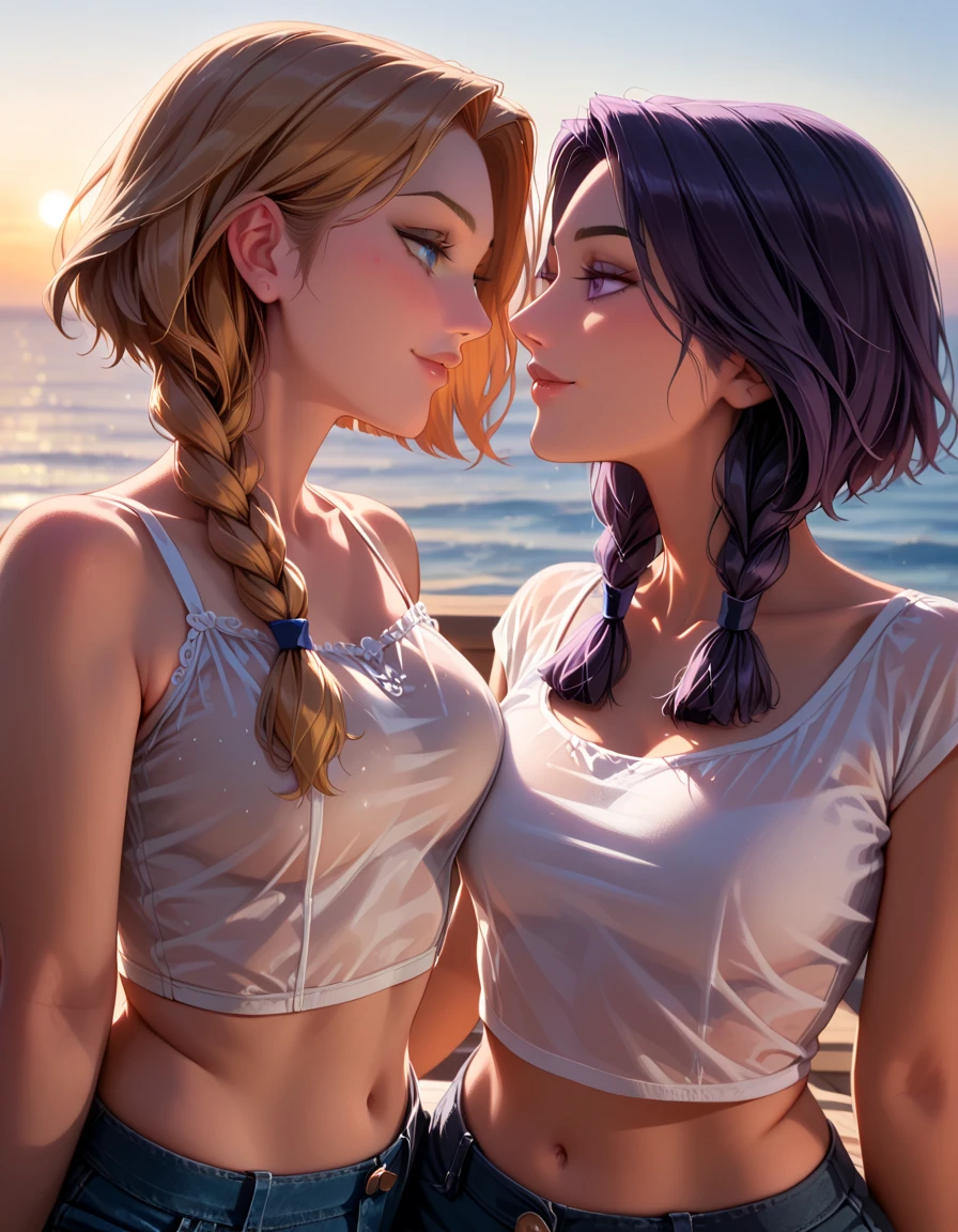 2girls, duo, mature women, very sexy (Raven from Titans, short hair:1.4), and very sexy (Disney's Anna, braided pigtails:1.4), tiny shorts and see through tight crop top, (beautiful waifu, thicc:1.5), filled lips, thick lips, (dimly lit living room, beautiful modern home:1.1), sitting together, gentle smile, looking into each others eyes, (sunset:1.2), shallow depth of field, vignette, dimly lit, expressiveh d4rk01l, perfect hands, perfect proportions, (close-up shot:1.3).