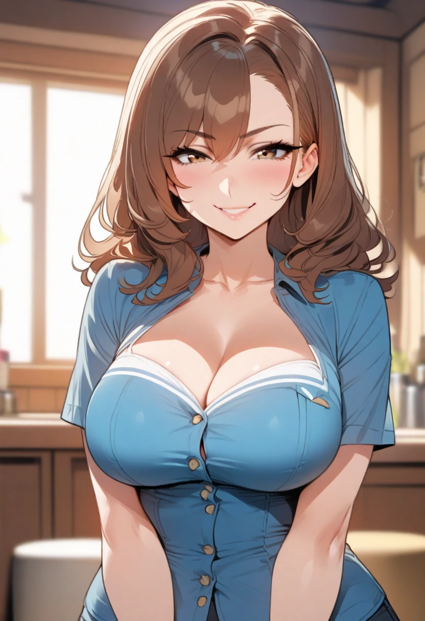 auburn hair in a high ponytail, busty, cleavage, unbuttoned , skirt, standing, smiling, parted lips, (blushing:1.3), looking invitingly at the viewer, facing the viewer, livingroom background, leaning forward on table, (pov), glowing eyes, necklace, earrings, nsfw, 