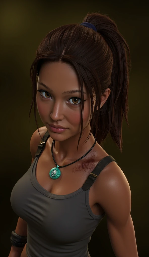 cinematic film still of  From above, Lara Croft Tomb Raider a cartoon woman with a green unique emblem necklace on her neck staring at camera, 1girl, solo, long hair, breasts, looking at viewer, brown hair, cleavage, bare shoulders, brown eyes, jewelry, medium breasts, closed mouth, upper body, ponytail, dark skin, necklace, dark-skinned female, lips, tank top, injury, dirty, bruise, dirty face, action themed, adventure themed, cinematic, film still, movie style, detailed gun, detailed weapon, video game style, detailed background, pair of Heckler & Koch USP Match pistols, dirty body, pendant, shallow depth of field, vignette, highly detailed, high budget, bokeh, cinemascope, moody, epic, gorgeous, film grain, grainy
