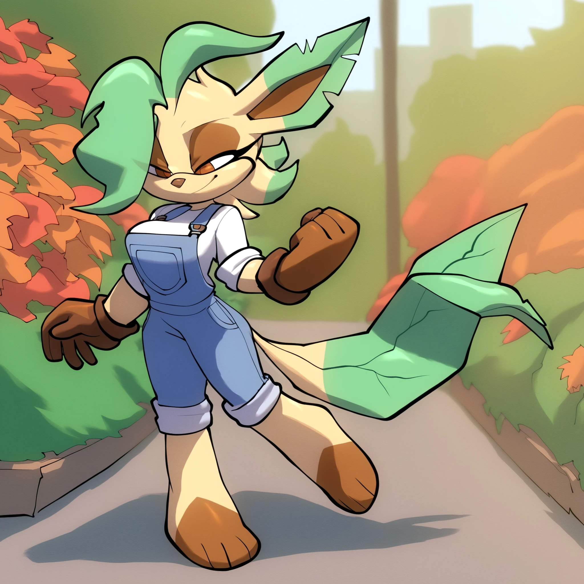 Leafeon, bigdad/character, (Mobian), tan fur, brown eyes, female, tan muzzle, denim overalls skirt, white shirt, rolled up sleeves, blue pants, brown hands, (shoulder length hair), green hair bang, leaf/leafeon tail, smile, slim, young , medium breasts, solo, standing, outdoors, garden, wind, gentle breeze, Sonic OC