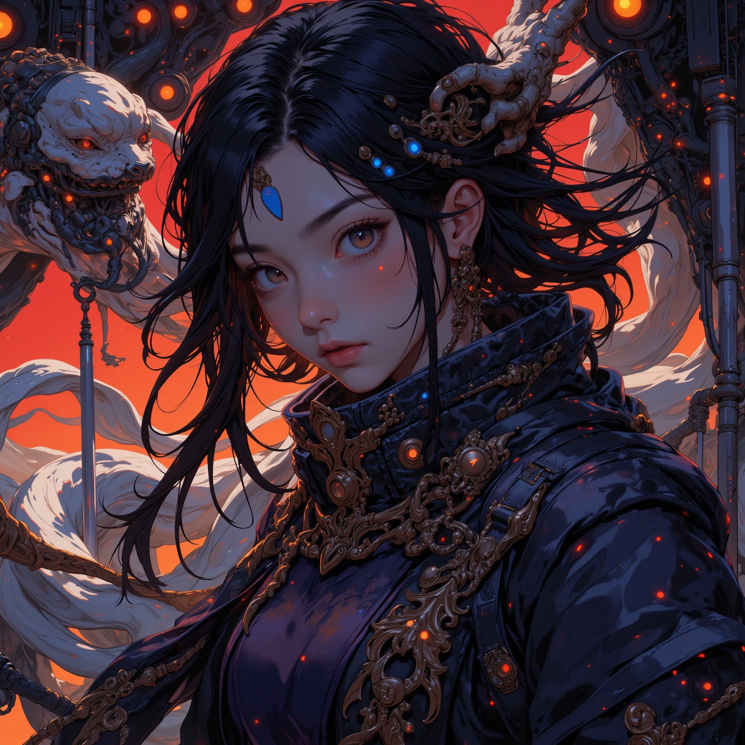 1 girl , demon face, scary costume , Chinese Ghost Festival,nakahara universe,Ghostly Breath,Chiaroscuro in the city at night,Detailed texture of spooky tree branches,A transparent ghost floats in the smoke,Lanterns hanging from a tree,There are flowers blooming there, shade lighting,Background blur,Depth of written boundary,Soft Light,Beautiful lighting, Dim Light,A peaceful yet terrifying atmosphere,Mysterious and dark,detailed lighting effects,soft color change,Strange place,It was foggy, Space-time discrepancy,Reincarnation Flip。 Turning things upside down,The sun and moon have no light, Confusion and absurdity,The nightmares continue。 Mysterious and unreal,phantom, Gothic Shadow,Obscured from all sides。 cyber punk, Dark Forest,A different space, There are countless hidden secrets,Forgotten souls wandering in the night、fear