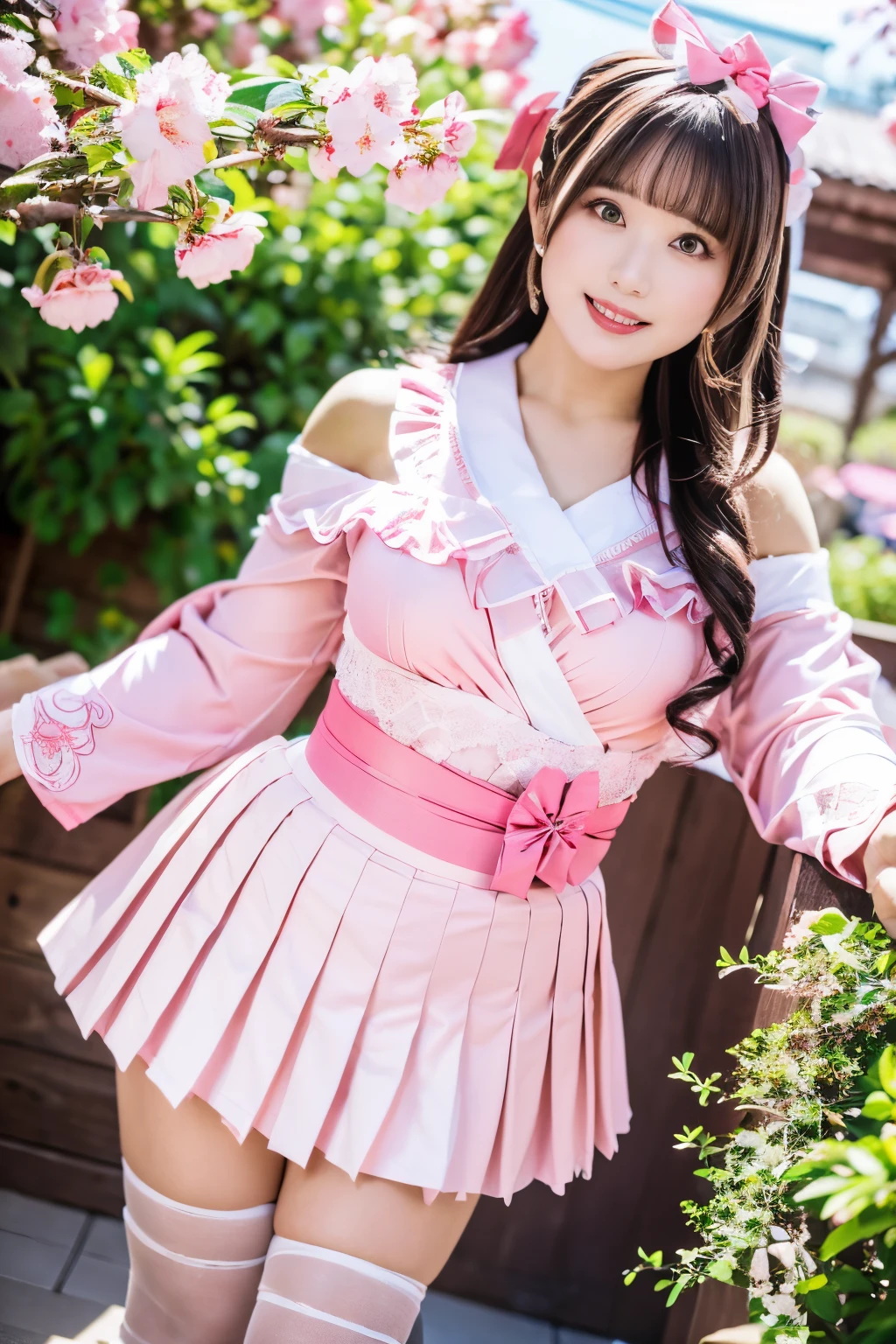 最high quality of wavy lines, 8k,  vibrant, sharp concentration, high quality of wavy lines, high resolution, female, 美しいfemale, ((full body shot)), (A smile on a detailed face, very detailed eyes, Beautiful Style、  Beautiful Hair , huge slutty breasts、chest is visible、Idol Outfit Combined with Pink Floral Kimono Top、（Pink Floral Kimono Headdress with Bow）、Cherry Blossom Fitted Pink Kimono Top、 off-shoulder design 、Long Sleeve Kimono with Ruffle Lace Trim、Ultra Wide Bell Sleeve、Pink Floral Kimono Top、（Large Pink Ribbon on the Back）、White Thigh-High Stockings with Pink Cherry Blossom Bow、Flare A Line、Ultra Short Pleated Skirt Made of Pink Floral Kimono Fabric、Layered Petticoat、（Pink Ribbon Lace-up Corset Waist Area）、Skirt Hem Trimmed with Soft Tulle Lace {x} Pink Platform Idol Boots with Heart Accents、Pink Choker with Gold Mic Charm、