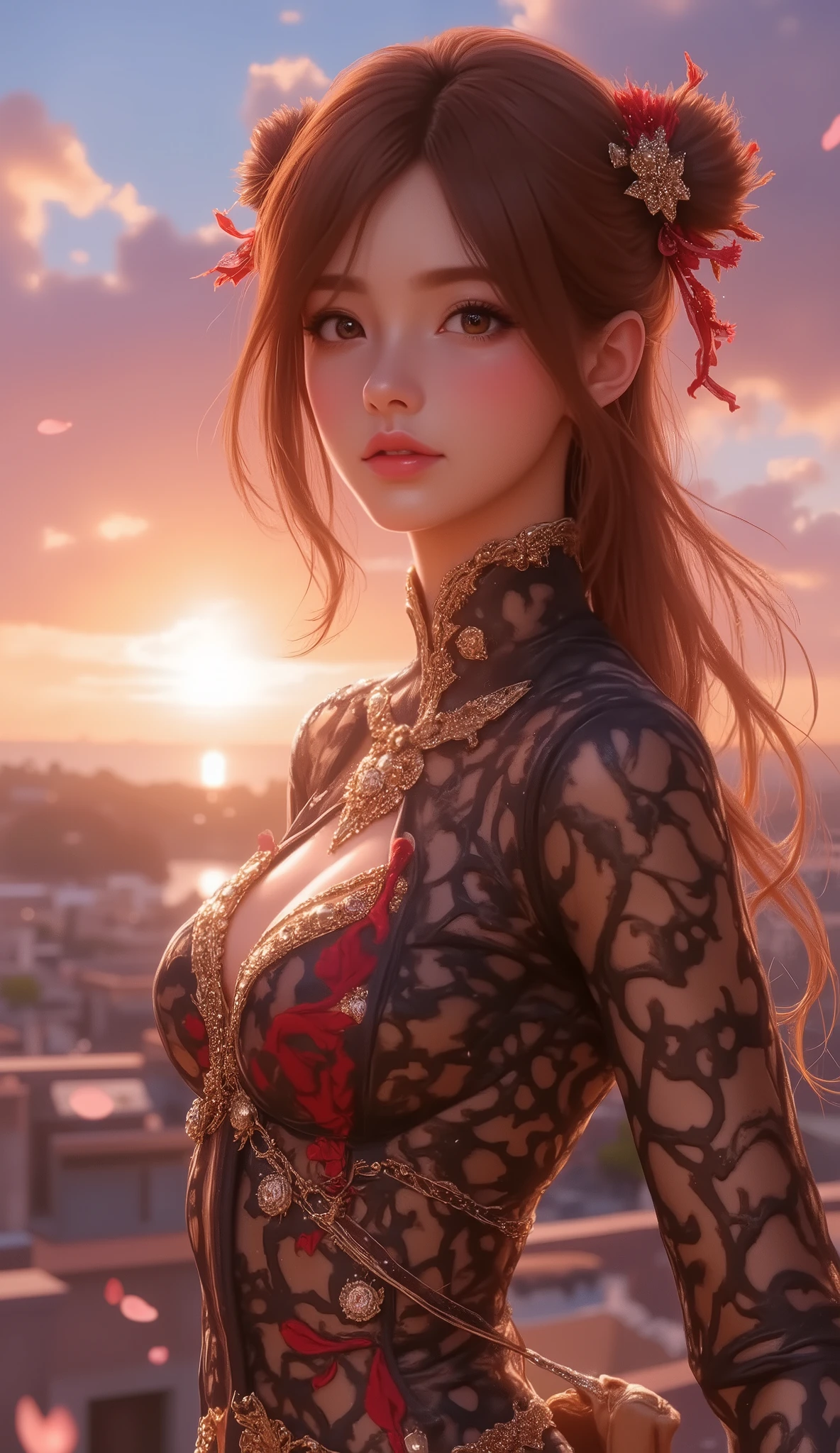 asuna, masterpiece, Best Quality, details, (1 big breasted girl、deep cleavage、), solo, details golden eyes, long hair, standing, Close to viewer , ( details kimono), light smile, very large breasts, (with arms crossed on the back), water, sunset, (hair accessories), (Sakura no Hana ), Take off your panties