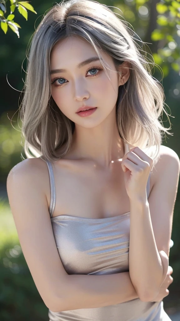 ((Best quality, 8K, tmasterpiece:1.3)), focal point:1.2,Bust photo，upper legs，Ultra-realistic skin texture，Beautiful woman with perfect body:1.4, Upturned buttocks:1.2, ((Cut hair into layers, normal:1.2)), , (Sateen, the street:1.3), Bandeau Dress:1.1, Highly Detailed Face and Skin Textur, Detailed eyes, double eyelid，Whitening Skin，Long gray hair,(with a round face:1.5)，naked, big breast