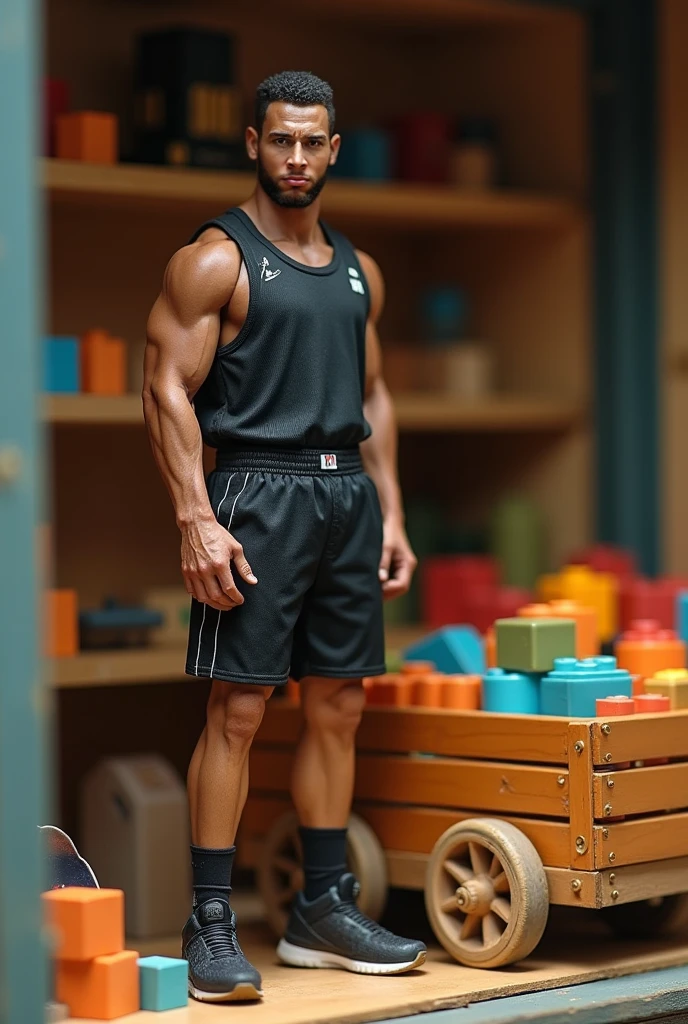 a lamp genie turns into a handsome, strong, muscular Arab and African human with beautiful black hair, with tonified body, wearing only sand-colored shorts and sandals posses in boyfriend house