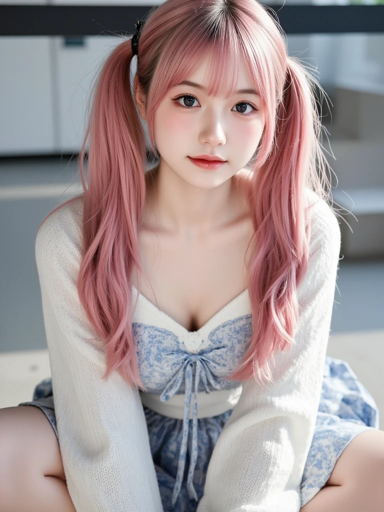 at class room，pink vest，Shoulders bare，（（on the table））,（realistically：1.2）,best quality,high quality,absurd,colorful,amazing art,best quality, Super detailed,beautiful details，