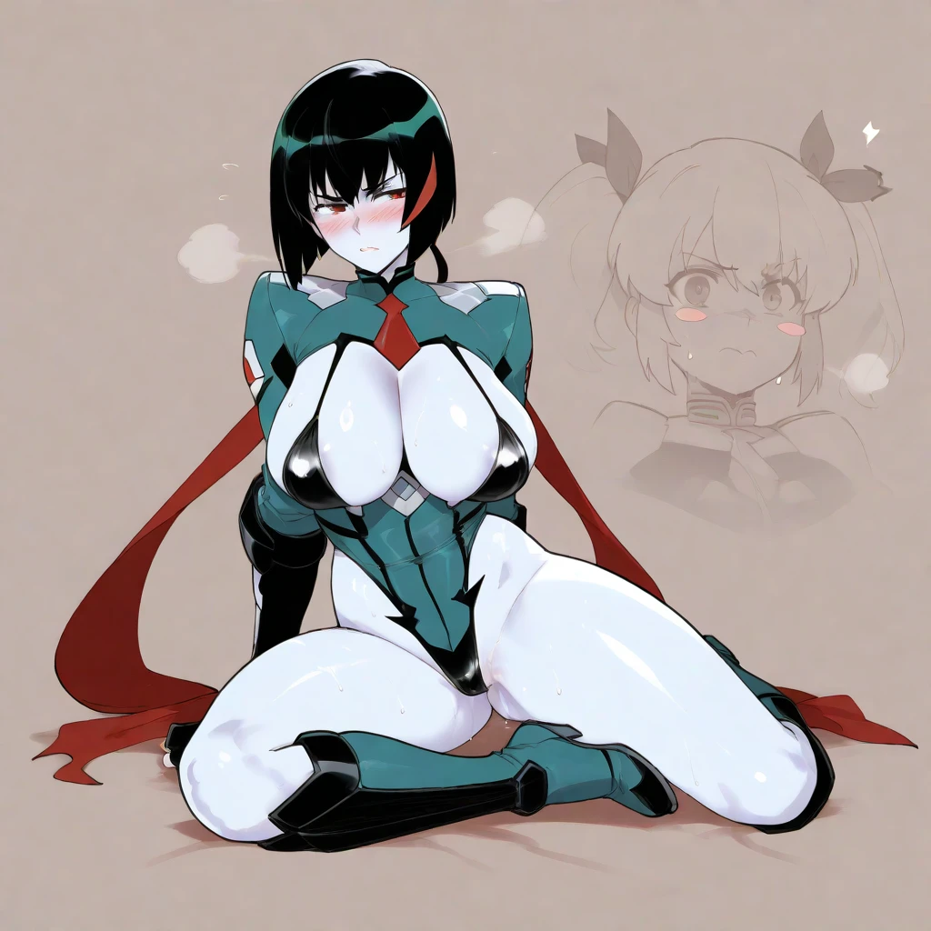 Black and white anime girl sitting on a bed with a knife, latex suit under clothes!, Hand covering her chest, 2b, 2 b, high quality fanart, by Kentaro Miura, in Pixiv, play boy bunny, black latex, lineart, monochromatic, kobeni, pose sitting on the floor, ((white background, no background)),rabbit ears, tie michi,cameltoe