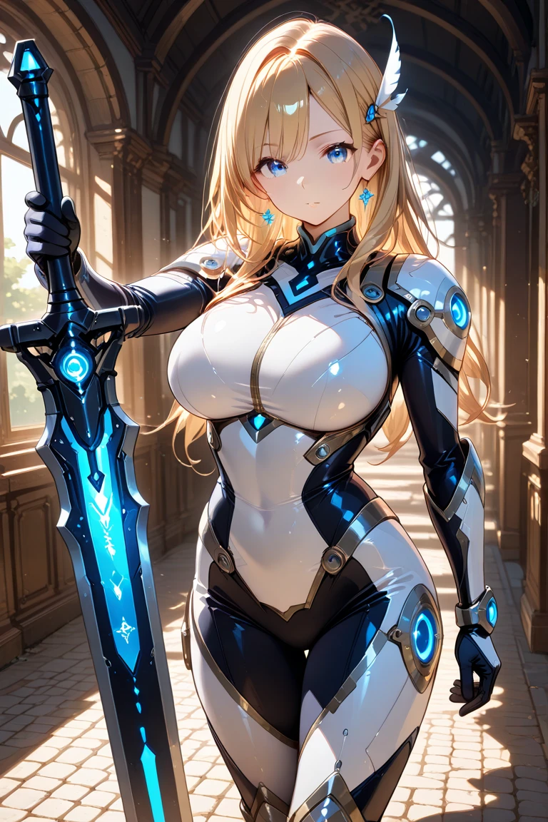 Gray translucent armor,Arm mecha,blonde short hair,Long ponytail hairstyle,Large Breasts,Cleavage,Pistol hanging from waist,fighter pilot,fighter hangar,sexly,Lipstick,miss,Golden Eyes,stockings,Short skirt,Smile,red glasses,Nipple showing,earrings