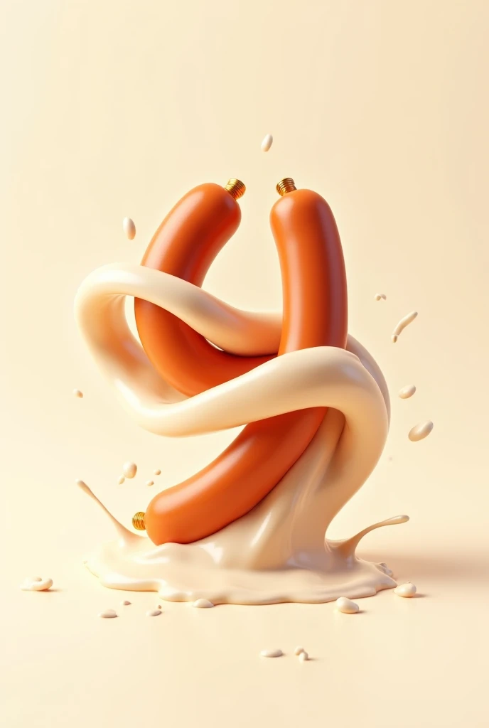 Hot dog weenie attached to 2 meat balls at the bottom not alive normal hot dog weenie food attached to two meat balls at bottom which are also attached to each other weenie is curved at an angle white milk squirting out of hole at the end opposite of the meat balls