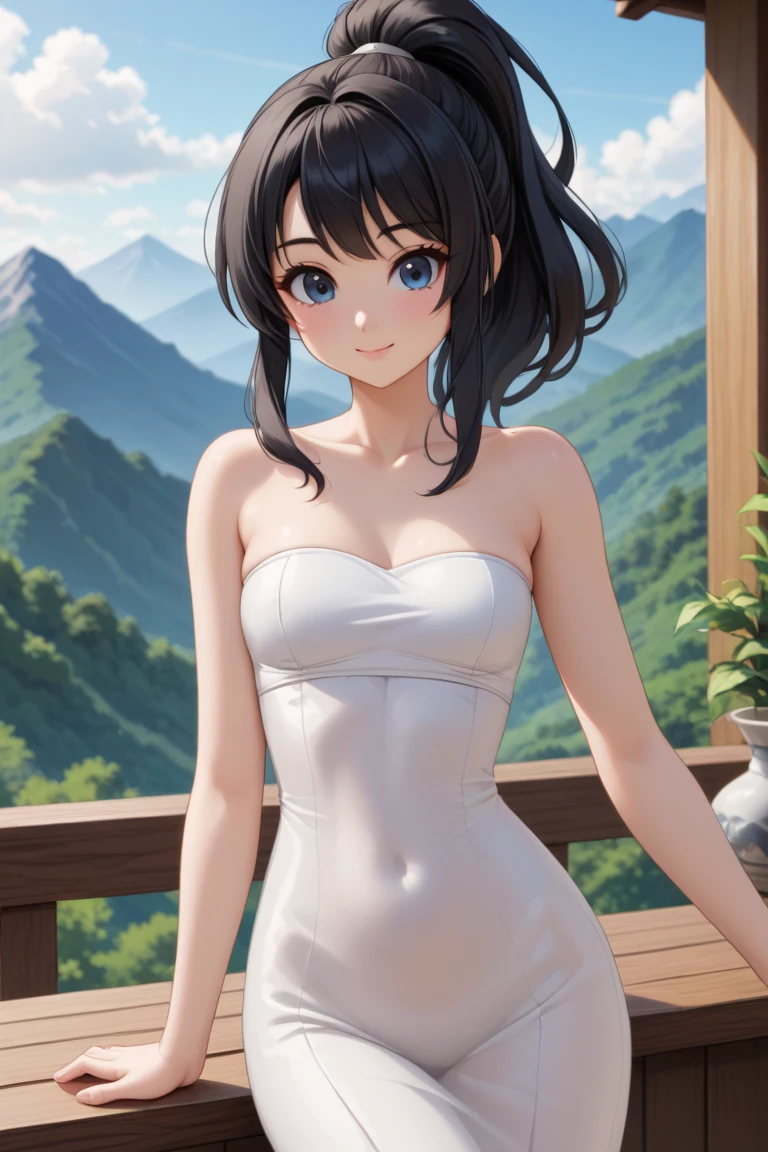 (((ultra high definition))), (((Naoha Kiritani))), masterpiece, best quality, detailed, (1 girl), alone, (超detailed黑眼睛, short hair, permanent: 1.2), Be close to the audience, (Sex clothes), smile, (Plump breasts, attractive body :1.2), (Put your arms behind your back), water, Sunset, (earring), (cherry blossoms in bloom), Snowy mountains and lake in the background,