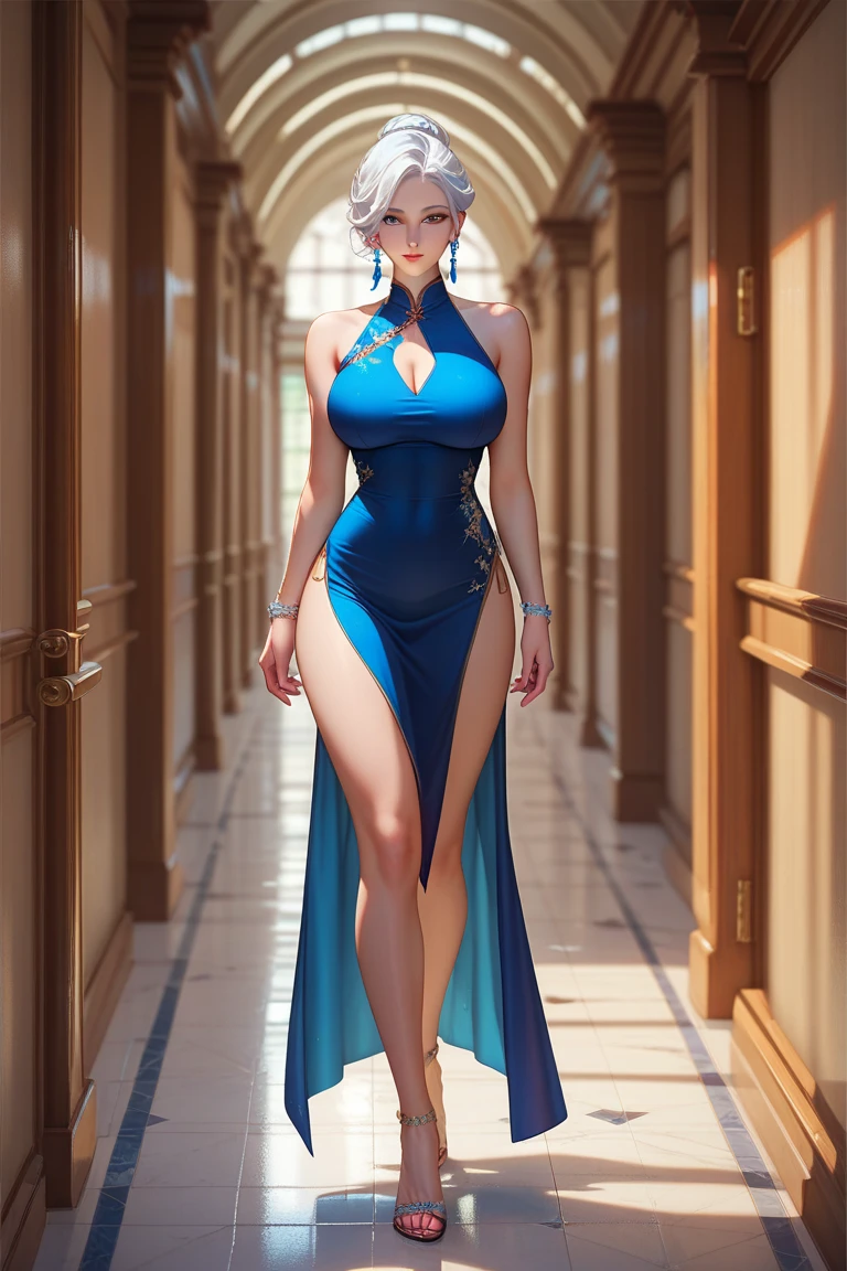 sexy nude kida from atlantis in transparent blue nightgown. thick, juicy. 3d art. white hair, golden earings, blue face tattoo.
