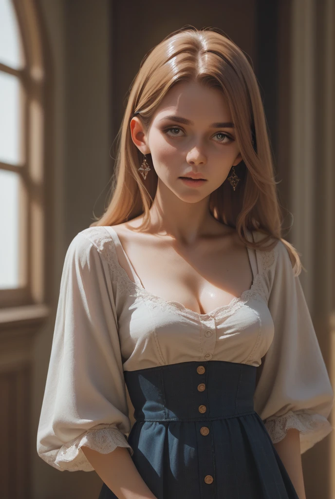 Masterpiece, 1 girl, fantasy, brown hair, noblewoman, perfect face, blue eyes, playful smile, perfect body, perfect breasts, midriff, short skirt, thighs, crop top