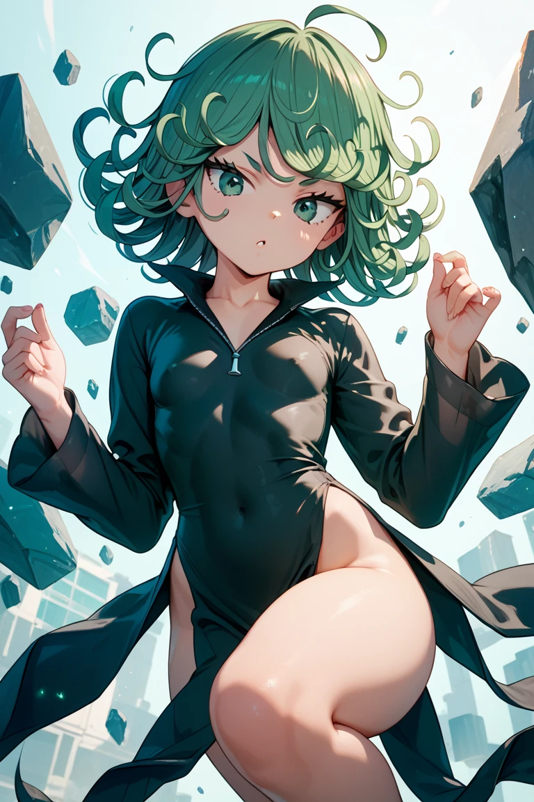 Girl with green hair. With blue eyes in black clothes, tongue piercing