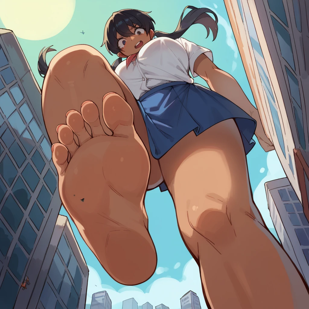 A cruel and gigantic monster、Giant monster、gigantic giantess、Giantess、Twin tails、Red eyes、Make women bigger、giantess、Great impact、Sailor suit、Navy Skirt、Walk with your feet raised、The approaching situation、Miniature destroyed city、Destroy a building、Collapsed buildings、Crushed Building、excited、Appear、Miniature cityscape、Anime Style、Real Anime、bad woman、smile、Horror、Destroy a small building、Destroyed city、Storm Debris、Disaster area、Stormy weather、Low - Angle、(negative_v2 Color_Balance_Calibration:0.8)