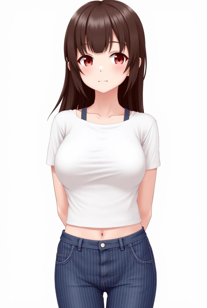 hitomi "flirtatious expression, 1 Chica linda y atractiva con una camiseta blanca ajustada y una camisa de mezclilla atada a la cintura., usando pantalones vaqueros. Ella tiene un bonito cuerpo con muslos delgados., mostrando la mitad de su cuerpo hasta la mitad del muslo."