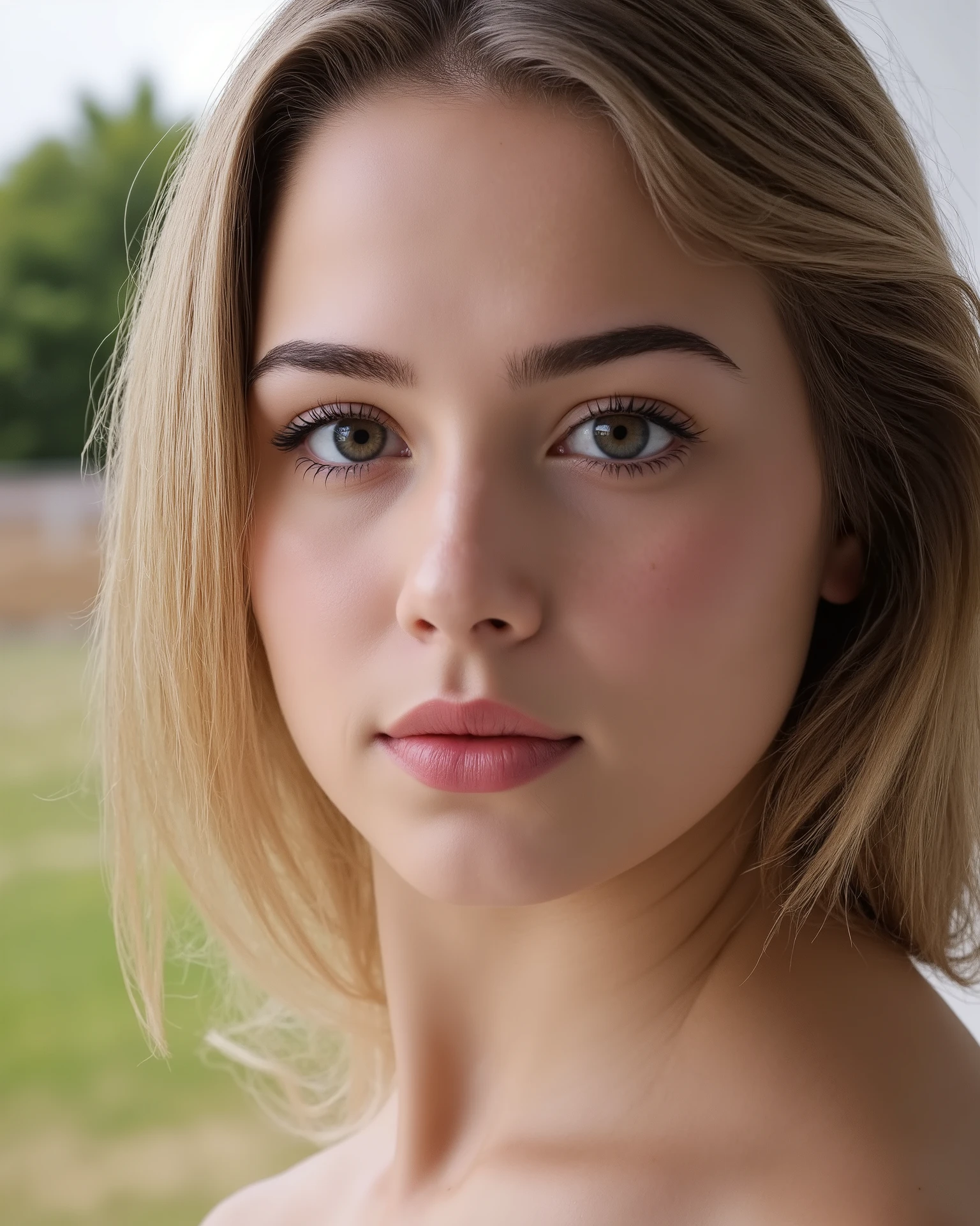good natural light, Very beautiful, 25 years old, long hair, blonde hair, detailed skin texture, corinna kopf, sharp eyebrows, eyes creportrait of woman, detailed face, blonde long hair, fair skin, soft expression, elegant posture, 25 years old, good natural light, soft environment, minimalist scenery, high quality photography, photo realistic, 8K, HDR, sharp focus, vibrant colors, warm tones, captured with a Sony A1, 85mm f/1.4 GM lens, aperture at f/2.0, ISO 100, shutter speed 1/400 sec, shot outdoors with natural diffused lighting, subtle background bokeh with soft color gradients, high-detail facial expression, sharp eyes with catchlight reflections, lifelike hair movement, realistic skin tones with natural imperfections, organic ambient light behavior, cinematic portrait framing, photorealistic environment integration, 8K resolution