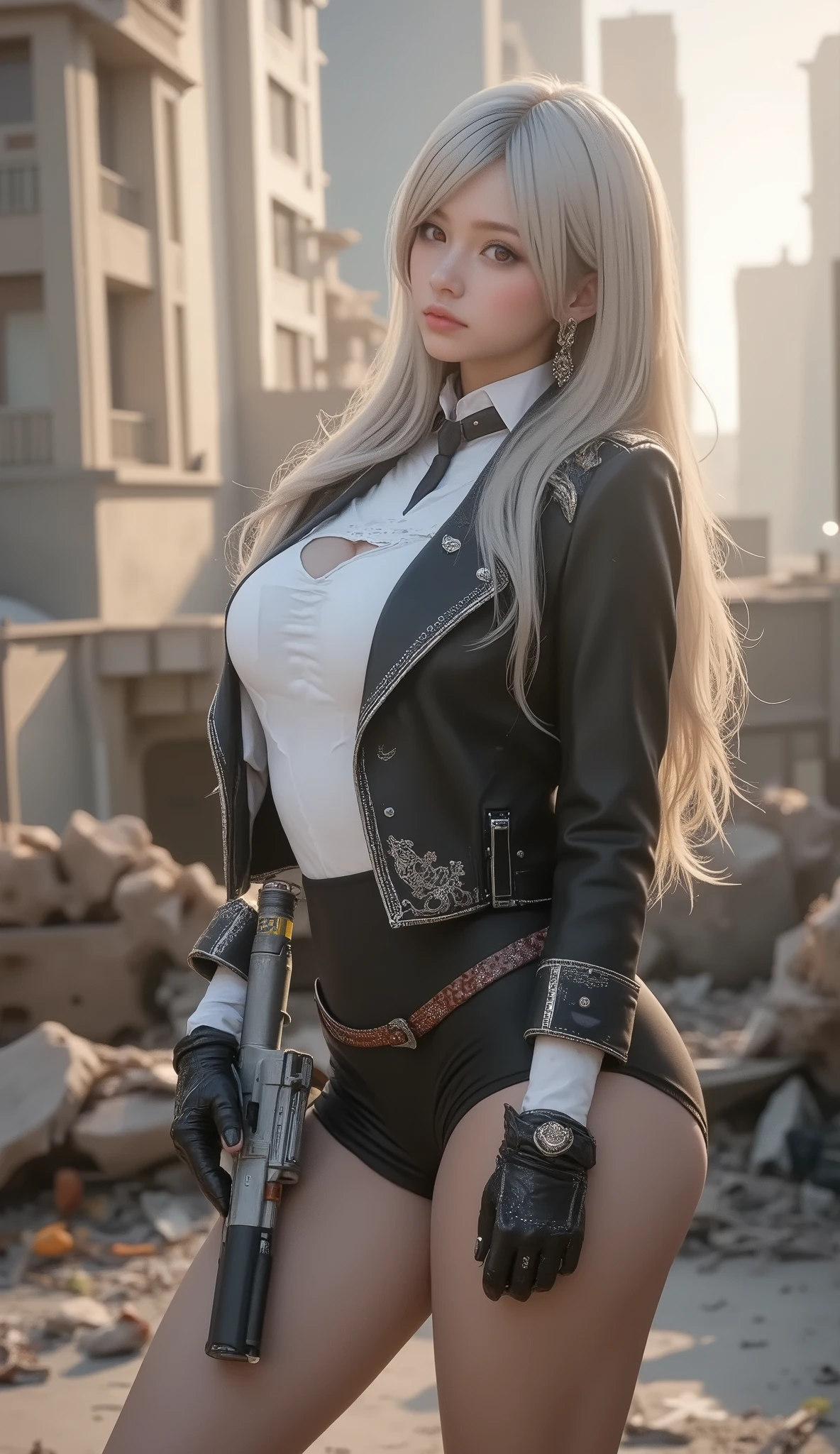 girl, closeup shot, (white hair, medium hair, huge breasts, Red Eyes), Perfect Anatomy, city, cyberpunk style in itself, ((white shirt, black jacket, black skirt, belly button, belt, black gloves, tie, Watch, earrings, transparent black leggings )), ((gun)), war, ruined city, visible as a battlefield, rubble, building,cigarette