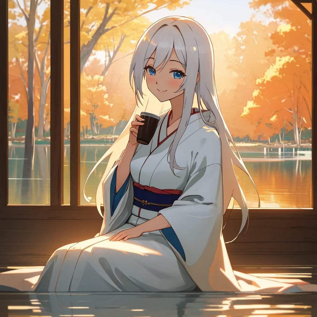 A ite woman with very long hair down to her feet and bright blue eyes, wearing a high-necked woolen blouse and white stockings, while enjoying a cup of tea in a traditional Japanese room. She is sitting on a soft tatami mat, with her legs folded beneath her, and around her there are beautiful landscape paintings and an elegant vase of cherry blossoms. Her expression is calm and serene, reflecting the tranquility of the environment around her.