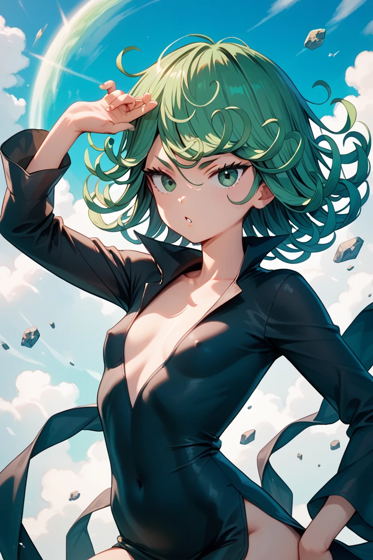 (masterpiece, best quality: 1.2), cowboy shot, solo, 1girl, tatsumaki, angry, mouth shut, looking at the viewer, arms crossed, black dress, blue sky, clouds, wide hip, thick thighs, defined body, big ass, white panties.