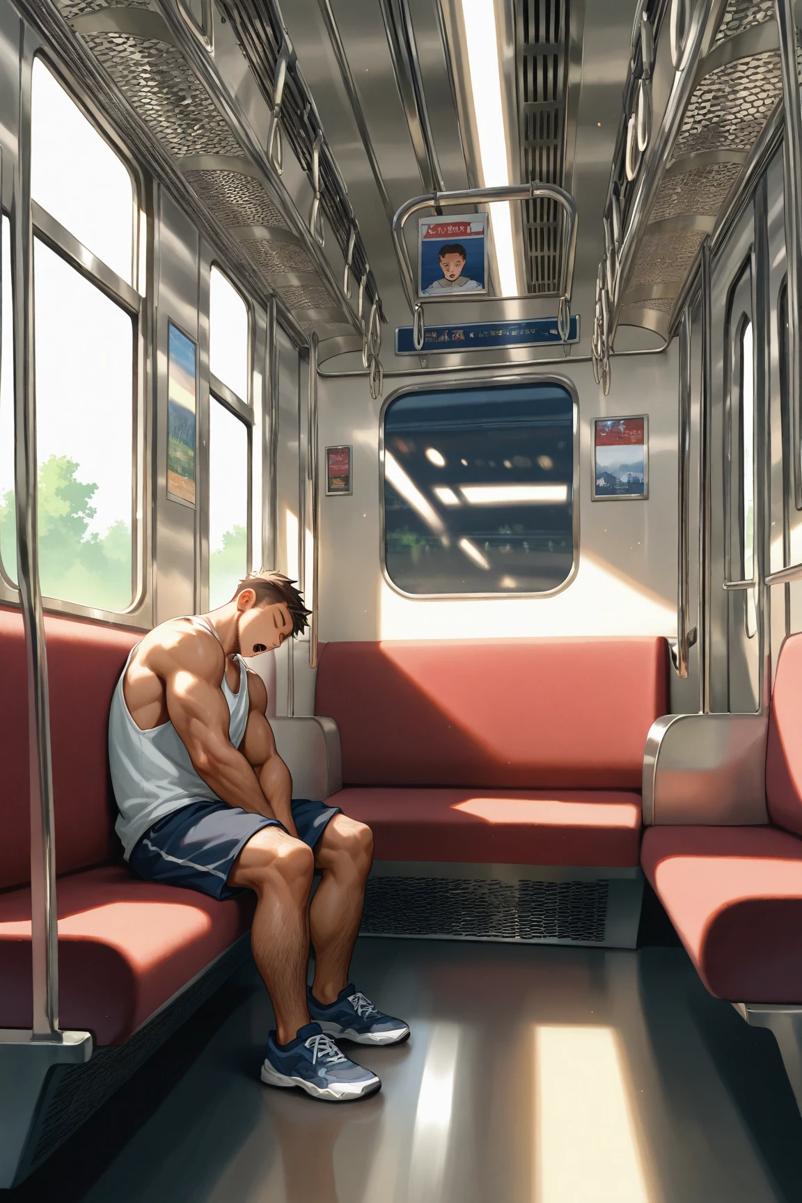 He is sitting on the subway watching a shirtless, barefoot black boy masturbing fullbody image,(( view from above)) full body, oil painting vista desde atras, obra maestra, mejor calidad, Alta resolución, primer retrato, enfoque masculino, Solo enfoque, fullbody image,(( view from the behind)) full body, oil painting A young man, white skin, ginger, barbed, hairy body, thin face, straight nose, thin lips, square chin, large light green eyes, short red wavy hair, in roberto ferri style, aesthetic slim athletic body, ginger realistic skin, gorgeous, detailed tonned muscles, barefoot, perfect anatomy, muscled fitness body, Young man, perfect anatomy, , energetic splendid, Barefoot, naked, small flacid penis, slim and detailed muscles, shirtless, pantless, fullbody, wearing sandals, the composition of shadows and lights give an atmosphere of spaciousness,