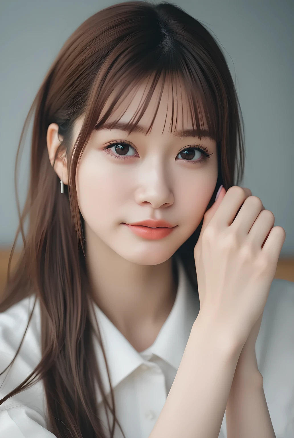 ultra-realistic, photorealistic, best quality, 8K, top-quality, ​masterpiece, ultra-detail, super high resolution, Improvement of quality, Enhances the beauty of skin texture, Clean and glowing skin, Smoother lighting, Improving the quality of cinema lighting, Backlight, A gentle light for face, 32K, 1girl, solo, Meru Nukumi, small head, perfect female body, Skinny, Slim Waist, large breasts, detailed skin, smooth skin, (fair skin, white skin:0.5), Beautiful Lips, Beautiful Face, (White Collared blouse), High resolution, Natural look, Improves hair quality, Delicate light and shadow, Beautiful Eyes, Sharp details, Soft light reflection, Delicate skin tone, Fine hair texture, beautiful hair, pink cheek, Light Smile, Beautiful and perfect face, perfect anatomy, Kind eyes, (beautiful black eyes, beautiful detailed eyes, detailed eyes:1.2), gray background, meru_nukumi, nukumi_meru_flux_, Upper Body:1.3, Portrait, from front, beautiful detailed face, face focus, 