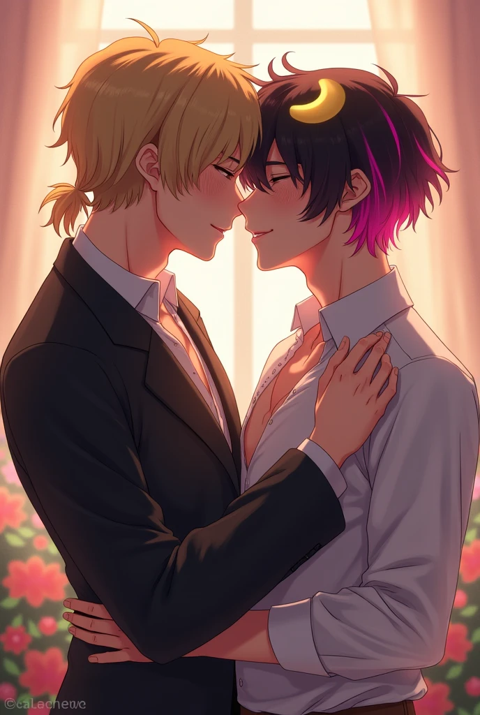 Draw two anime hotel room. One guy has dark pink hair, light blue eyes, and black skin. He is kneeling on the floor as a passive subject. He is shirtless, showing slightly muscular skin. The other guy, he is active, has light neutral brown hair, caramel eyes, and brown skin. He is standing holding the passive subject's chin. Sexy yaoi Bl