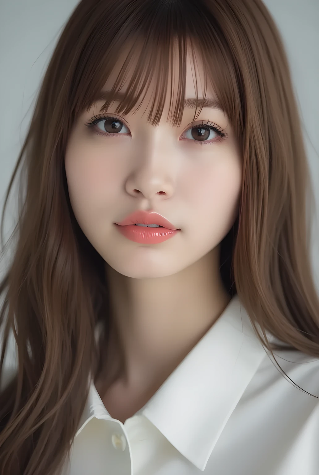 ultra-realistic, photorealistic, best quality, 8K, top-quality, masterpiece, ultra-detail, super high resolution, Improvement of quality, Enhances the beauty of skin texture, Clean and glowing skin, Smoother lighting, Improving the quality of cinema lighting, Backlight, A gentle light for face, 32K, 1girl, solo, Meru Nukumi, small head, perfect female body, Skinny, Slim Waist, large breasts, detailed skin, smooth skin, (fair skin, white skin:0.5), Beautiful Lips, Beautiful Face, (White Collared blouse), High resolution, Natural look, Improves hair quality, Delicate light and shadow, Beautiful Eyes, Sharp details, Soft light reflection, Delicate skin tone, Fine hair texture, beautiful hair, pink cheek, Light Smile, Beautiful and perfect face, perfect anatomy, Kind eyes, (beautiful black eyes, beautiful detailed eyes, detailed eyes:1.2), gray background, meru_nukumi, nukumi_meru_flux_, Upper Body:1.3, Portrait, from front, beautiful detailed face, face focus,
