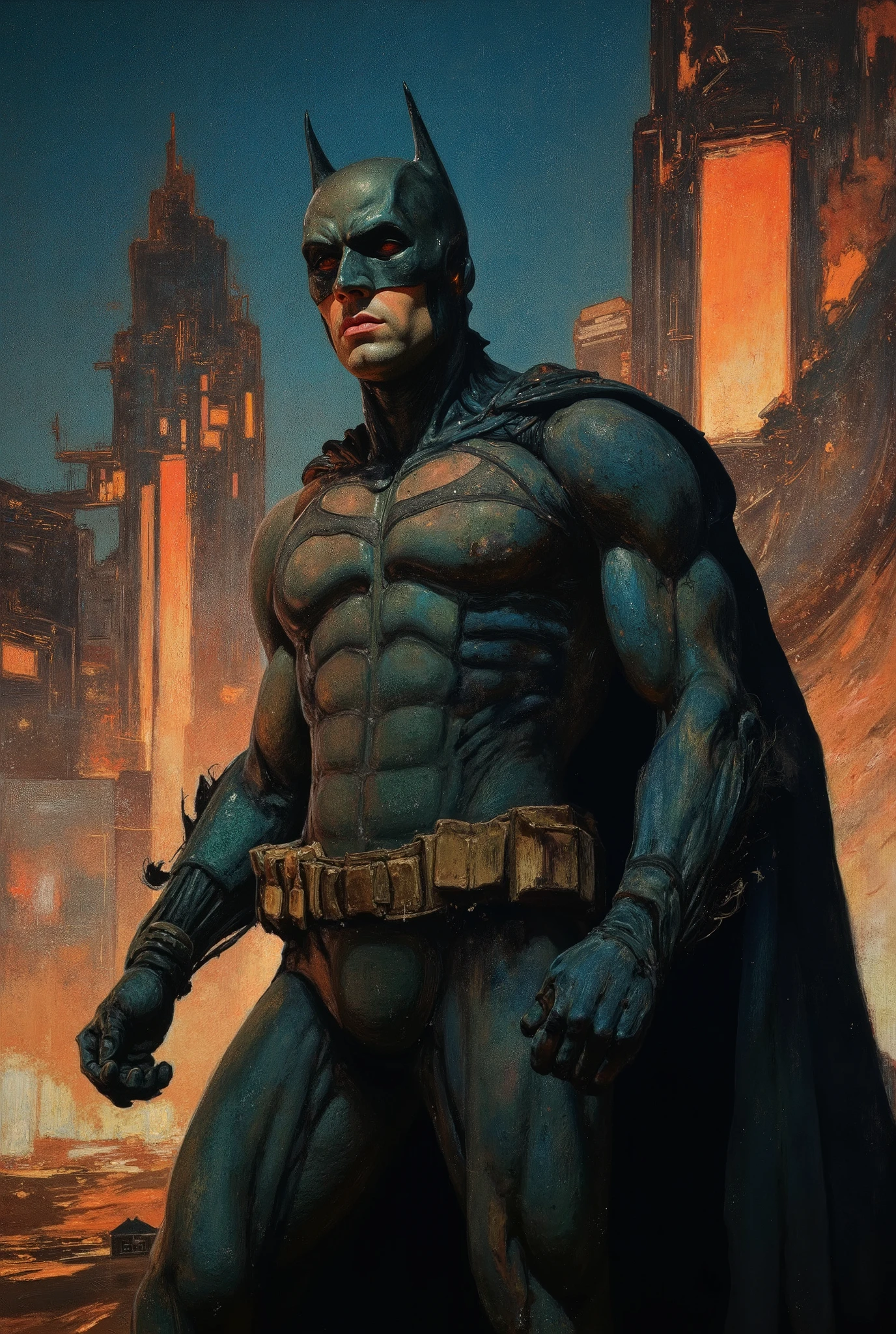 Batman. A hyper-detailed, semi-realistic painting in the style of classic action comics with cinematic lighting. Strong emphasis on anatomy, muscles, dramatic pose, and powerful expression. The scene is lit with dynamic shadows and warm glows, evoking 1980s–90s action film posters. Oil-painting-like textures, visible brushwork, detailed fabrics, light bloom, and motion effects. The background features a glowing night city in orange and blue tones. Skin rendered with painterly volume and subtle highlights. High contrast and a sense of movement.  Inspired by Drew Struzan, Simon Bisley, and classic comic realism. 