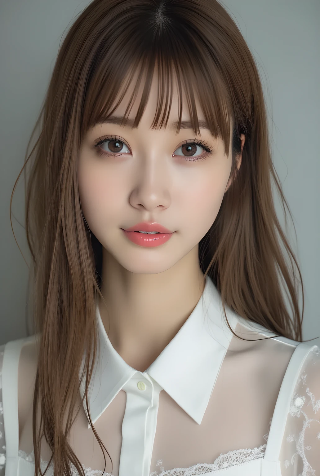ultra-realistic, photorealistic, best quality, 8K, top-quality, masterpiece, ultra-detail, super high resolution, Improvement of quality, Enhances the beauty of skin texture, Clean and glowing skin, Smoother lighting, Improving the quality of cinema lighting, Backlight, A gentle light for face, 32K, 1girl, solo, Meru Nukumi, small head, perfect female body, Skinny, Slim Waist, large breasts, detailed skin, smooth skin, (fair skin, white skin:0.5), Beautiful Lips, Beautiful Face, (White Collared blouse), High resolution, Natural look, Improves hair quality, Delicate light and shadow, Beautiful Eyes, Sharp details, Soft light reflection, Delicate skin tone, Fine hair texture, beautiful hair, pink cheek, Light Smile, Beautiful and perfect face, perfect anatomy, Kind eyes, (beautiful black eyes, beautiful detailed eyes, detailed eyes:1.2), gray background, meru_nukumi, nukumi_meru_flux_, Upper Body:1.3, Portrait, from front, beautiful detailed face, face focus,