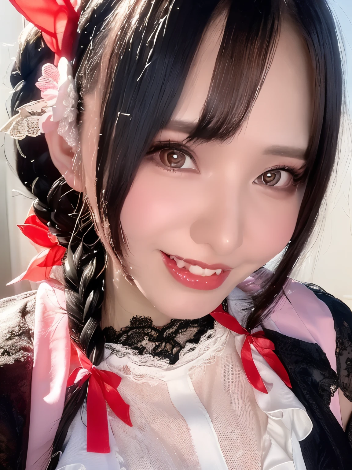 (((cowboy shots:1.2))), from the front , viewers without a watch, nsfw, (((Genuine: 1.4))), ((vivid: 1.3)),
(( Womens 1)), age 25, ((( sexy woman))), (((spring pink makeup))), (((happy smile, Bored Eyes))), (Xiaoyang), ((slender)), (((Big Breasts, beautiful ))),
(((pink and white lace blouse, Cute frills))), (((black mini skirt:1.2))),
black hair, ((braids)), wave hair, no bangs , (fishnet stockings, absolute region with to),
hair accessories, ((red ribbon)),
最high quality, high quality, masterpiece, 4K, 8k,