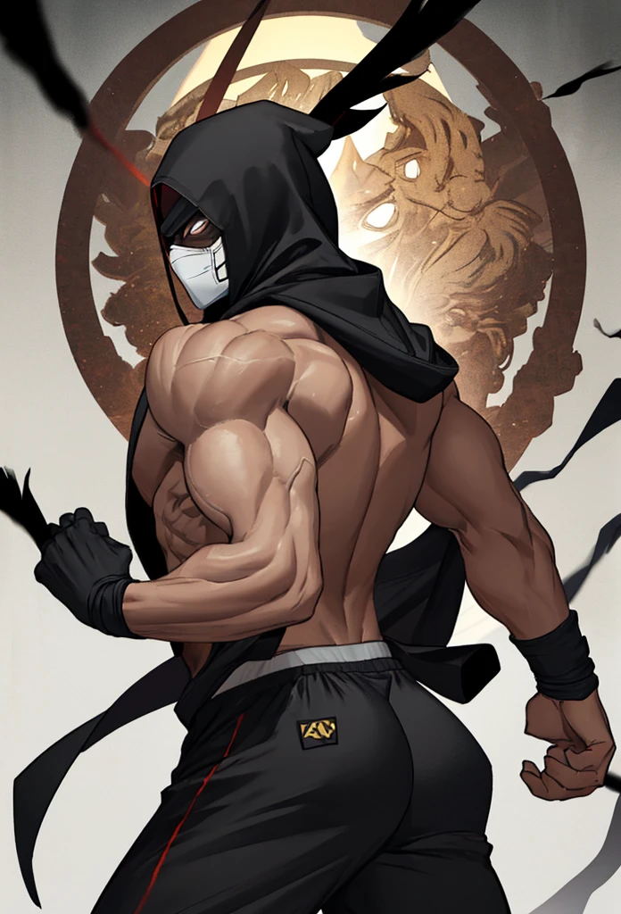 <lora:yigav6:0.8>, (highly detailed:1.2), yiga clan, yiga clan blademaster, male focus, ass, 1boy, solo, muscular, bodysuit, thighs, muscular male, bara, red bodysuit, thick thighs, belt, hood, armor, feet out of frame, skintight, large ass, hood, ponytail, high ponytail