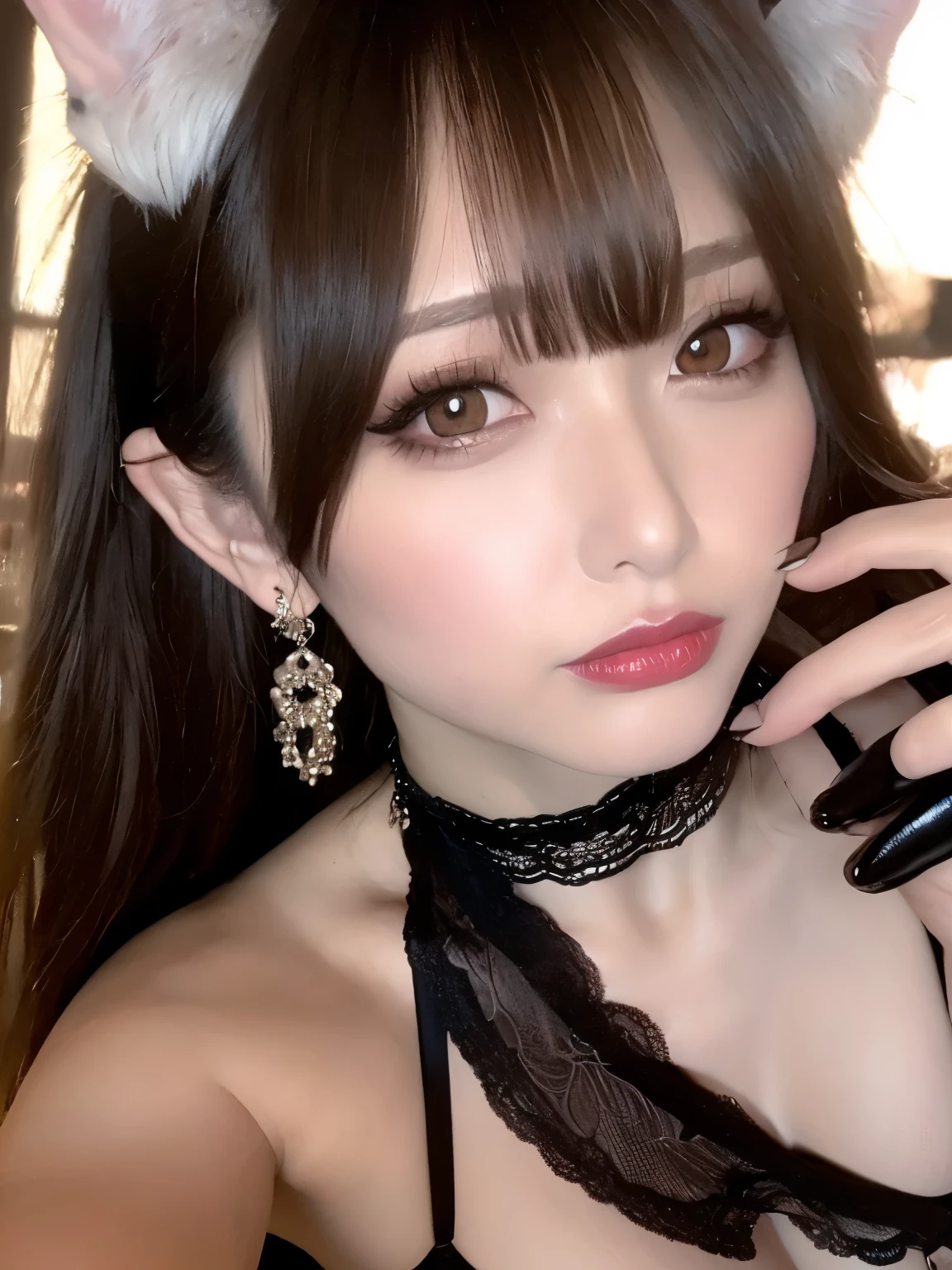 ((Best Quality, Best Quality, masterpiece,dangerousbeast,alone, Big Breasts, Wolf Girl , elbow gloves, gloves, standing, claw pose, black_theme , 8k hd, super res, Megapixels, surreal, beautiful, Smooth Picture , details, detailsで複雑な, 複雑なdetails, high 複雑なdetails, tremendous number of details)), (elegant, elegant, stylish, elegant, exquisite, Nice, beautiful, elegant, refined , majestic, Classwoman , wonderful), (FOCUS ON HER FACE, Focus on the bust ), fully completed, perfect nose, sharp face, long eyelashes, full eyebrows , ( plump lips from a hotel, big eyes), ponytails for beautiful people, , red lipstick, earrings, Passionate Gaze, ( half-open), kiss while staring at the audience, Big Breasts, plump breasts, choker, (((2girls, double pitzle , double pitzle ), (胸の谷間にあるdetailsなペニス))), how, , On the chest,