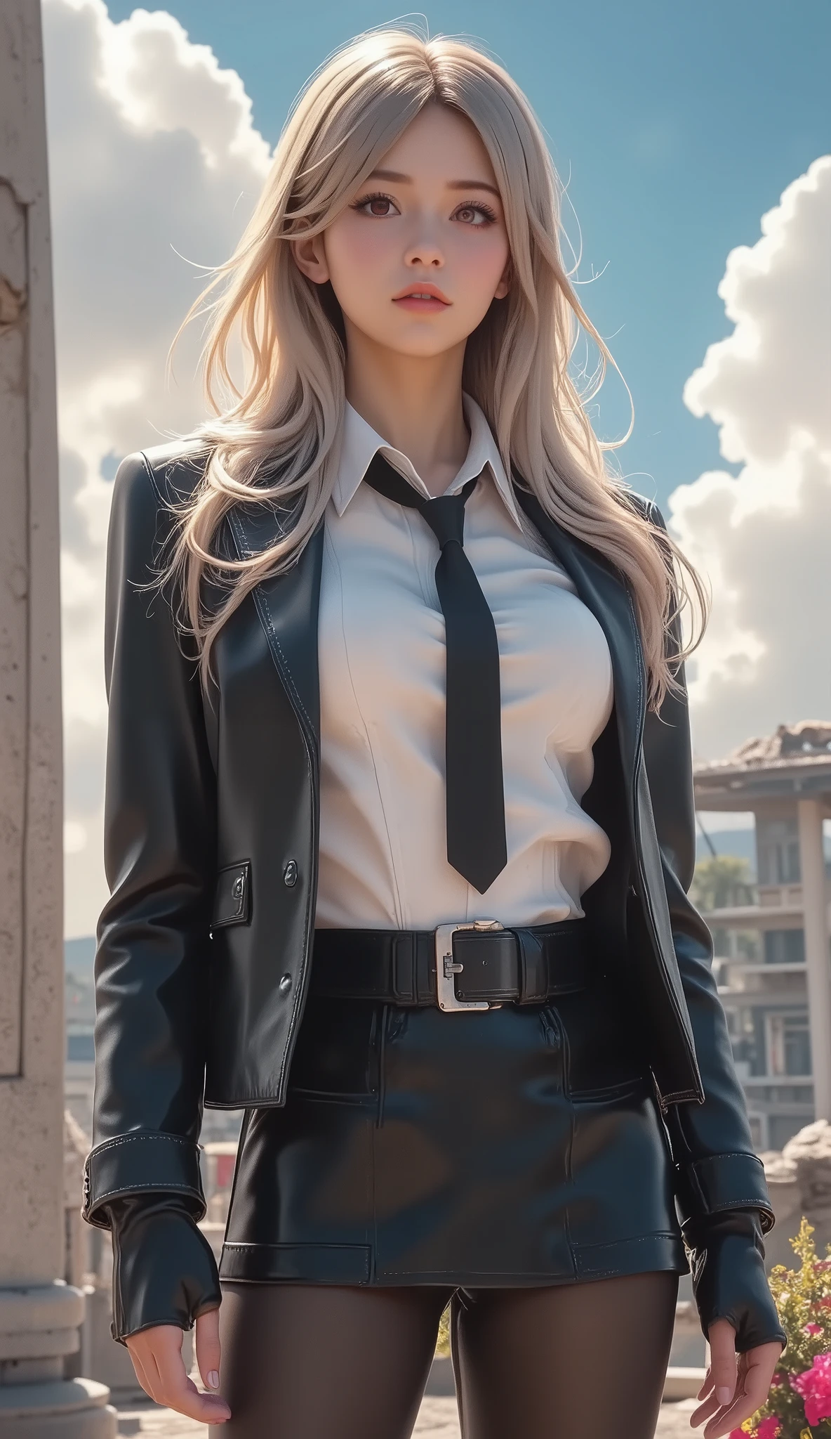 girl, closeup shot, (white hair, medium hair, huge breasts, Red Eyes), Perfect Anatomy, city, cyberpunk style in itself, ((white shirt, black jacket, black skirt, belly button, belt, black gloves, tie, Watch, earrings, transparent black leggings )), ((gun)), war, ruined city, visible as a battlefield, rubble, building,cigarette