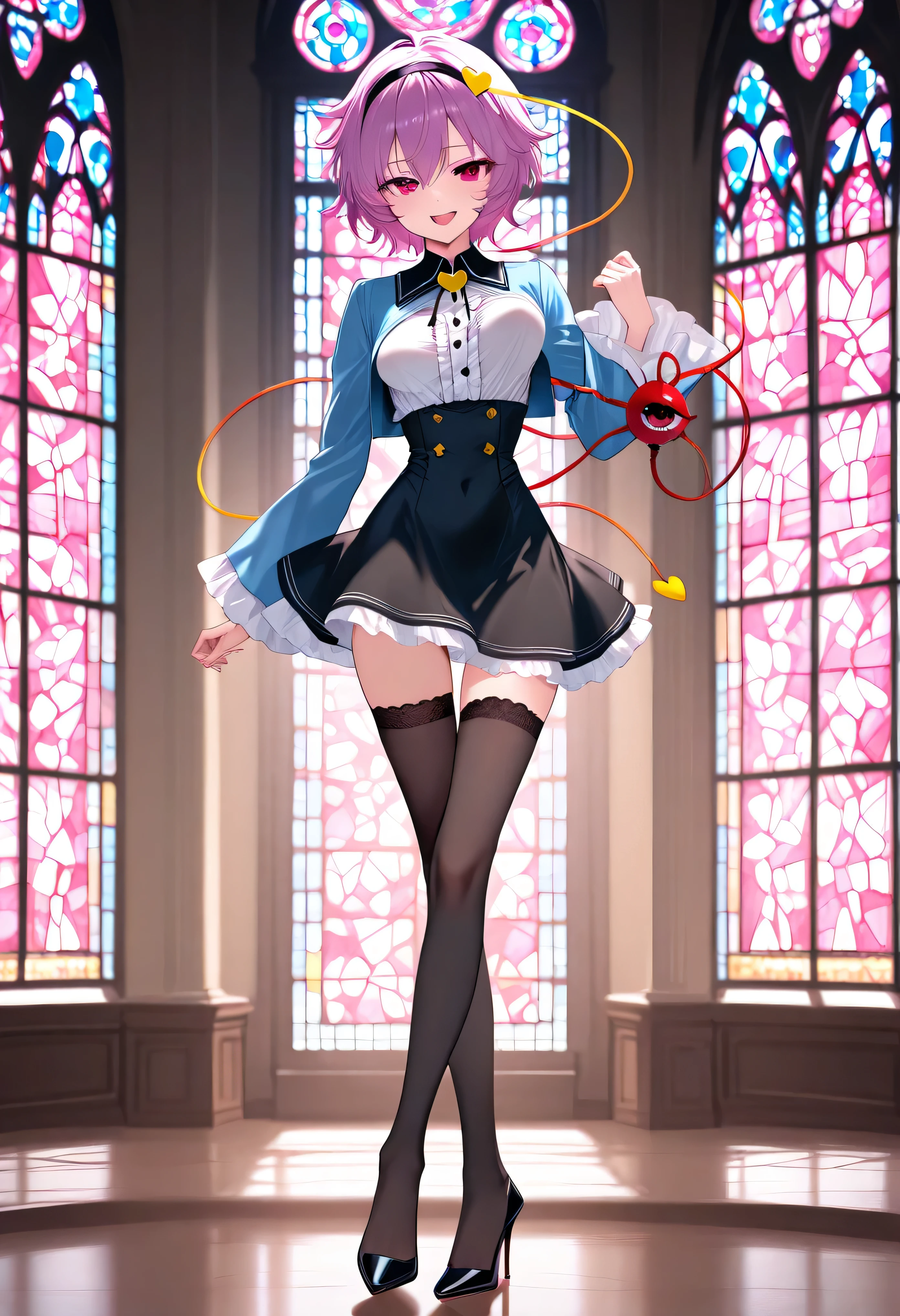 (score_9), komeiji_satori, longlegs_v0.22_pony, solo, (1 skinny girl standing), (petite small girl), BREAK, (cropped coat:1.2), (black short dress:1.2), thigh gap, groin, black thighhighs, stiletto heels, BREAK, looking at viewer, {smile:0.2}, {open mouth:0.2}, (bouncing unaligned breasts:1.1), BREAK, (too short torso:1.2), (too narrow waist:1.2), (too short waist:1.2), (covered large nipples), BREAK, stained glass
