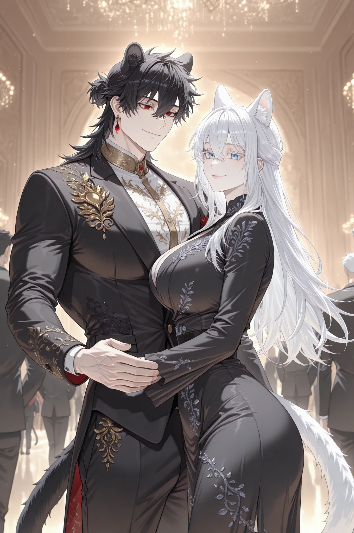 Anime characters dressed in black and white standing next to each other, raposa branca - cabelo, anime raposa branca, Wlop e Sakimichan, raposa branca vampiro, Personagens de Azur Lane, de meninas da linha de frente, arte de anime em alta, arte detalhada do anime, por Yang J, | anime de detalhes finos, arte de anime em alta, cauda longa e elegante, anime de fantasia bonito, arte de anime