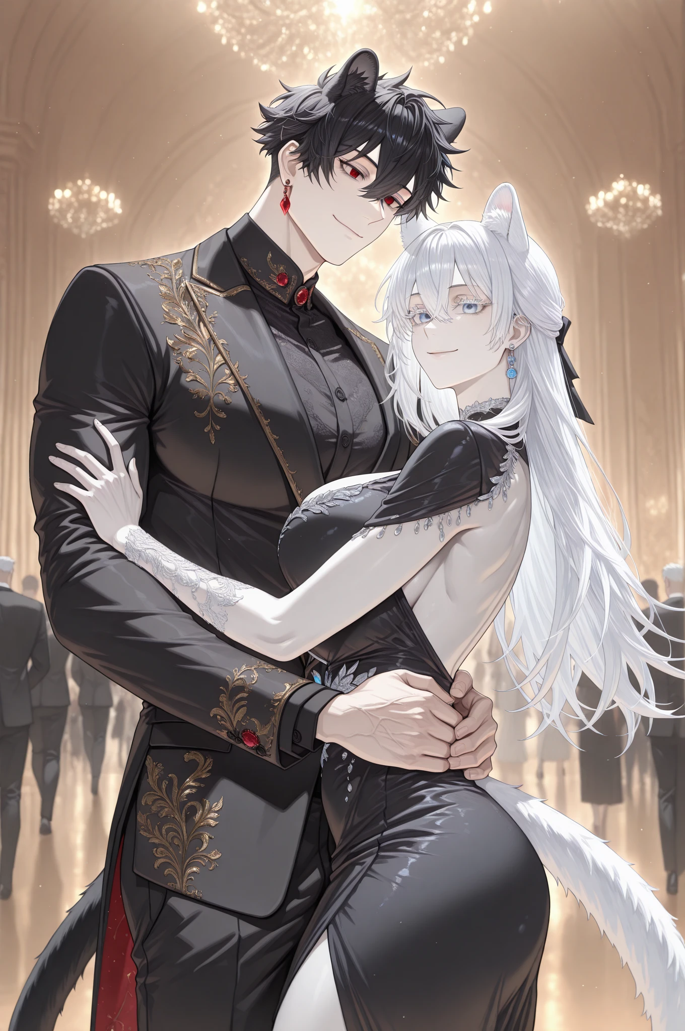 Anime characters dressed in black and white standing next to each other, raposa branca - cabelo, anime raposa branca, Wlop e Sakimichan, raposa branca vampiro, Personagens de Azur Lane, de meninas da linha de frente, arte de anime em alta, arte detalhada do anime, por Yang J, | anime de detalhes finos, arte de anime em alta, cauda longa e elegante, anime de fantasia bonito, arte de anime, Rostos e olhos detalhados, cinematico