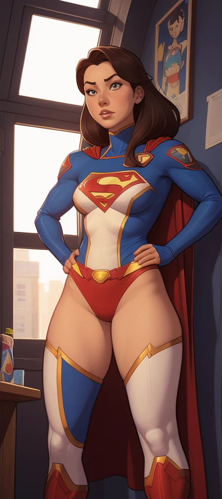 (athletic Canadian woman), (very wide hips), (thin waist), (small breasts), (huge butt), (white superhero tights), (long black hair), (blue eyes), (very thick legs), (blue and gold details), (giantess)